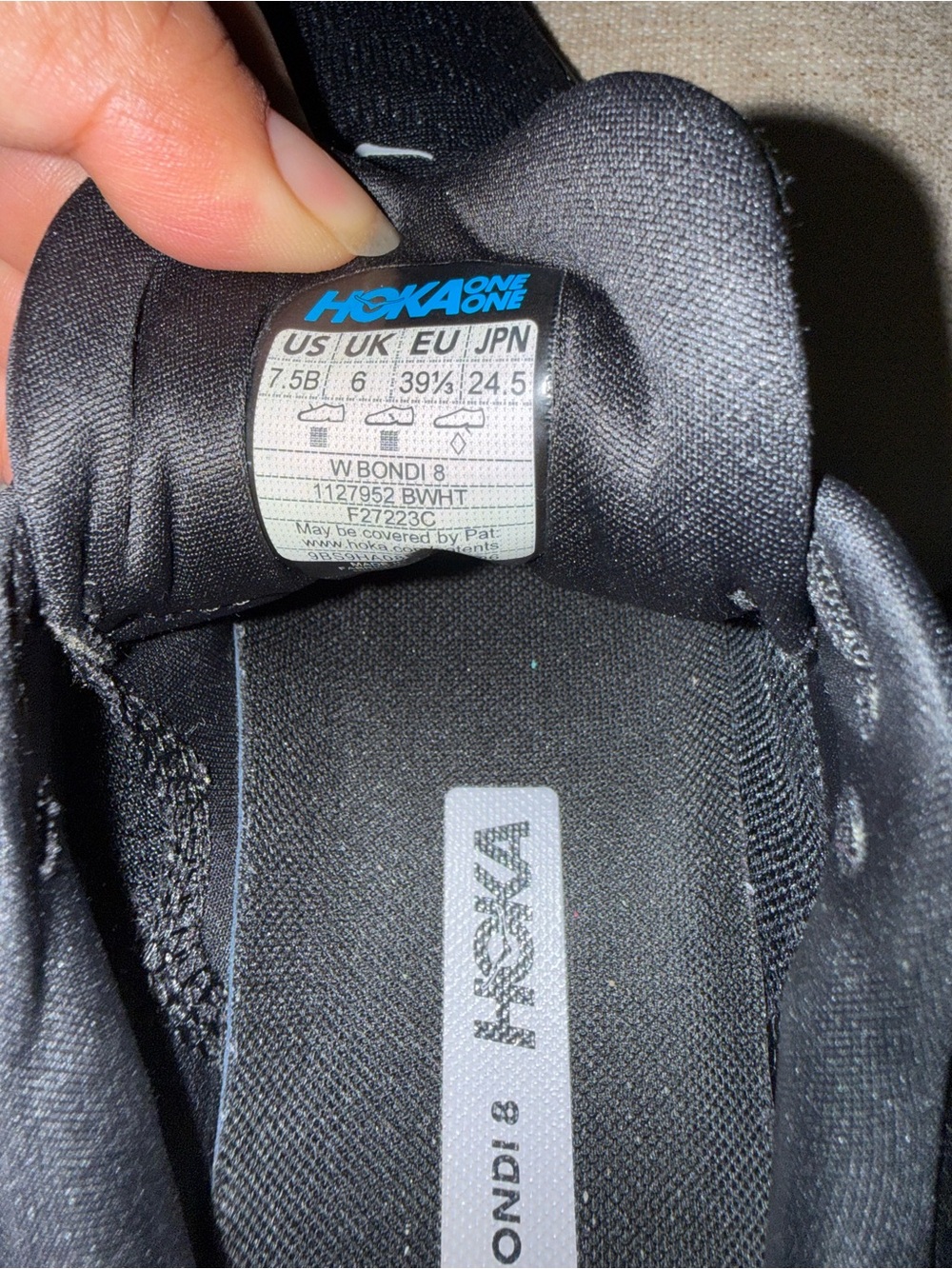 Hoka Black ONE ONE Bondi 8 and Black White size 7.5 - Picture 8 of 9